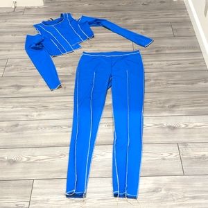 Blue pants and shirt. Size L, fits like a M.